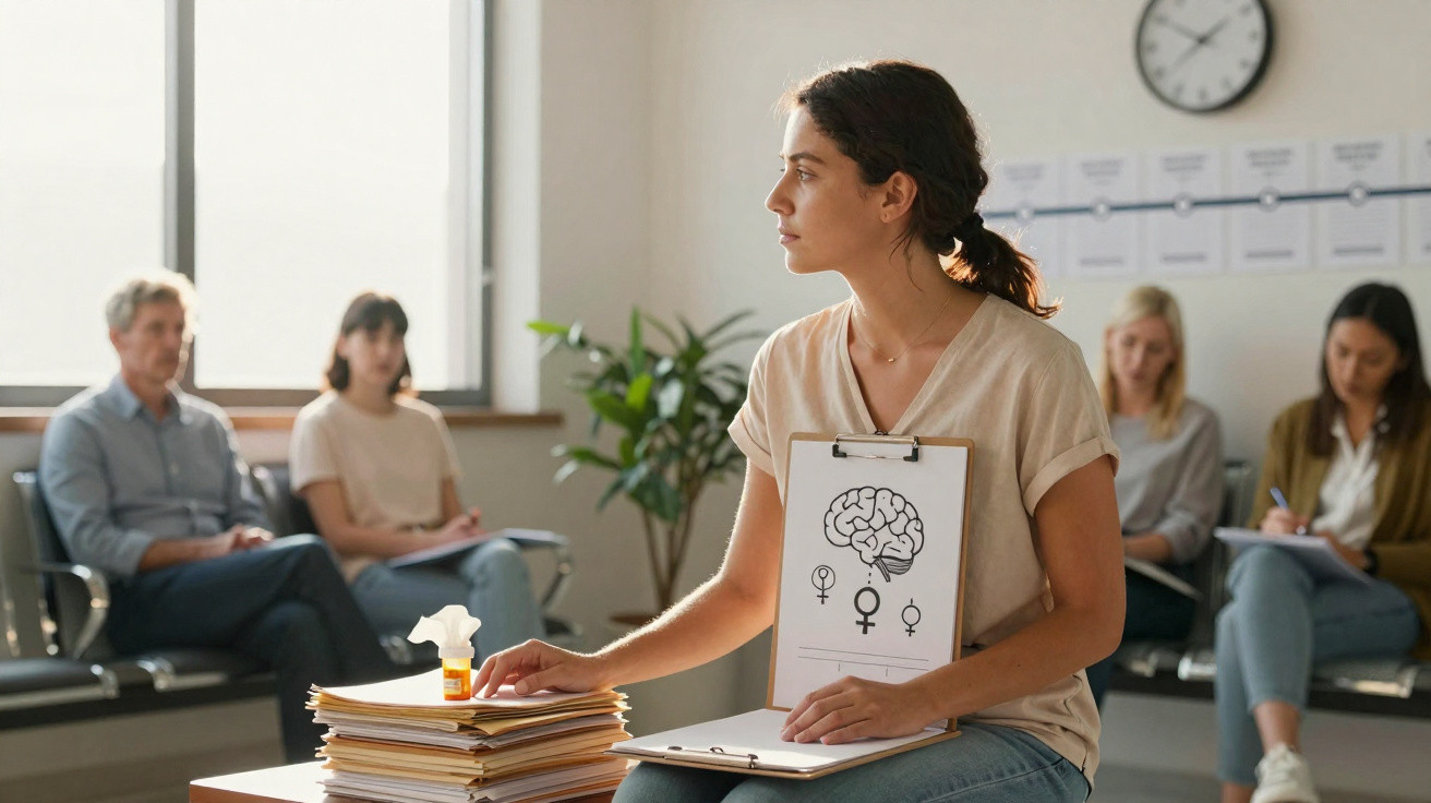 Frau hält Klemmbrett mit Gehirn- und Geschlechtersymbolen, Gruppenmitgliedern bei Therapie oder Workshop im Hintergrund.