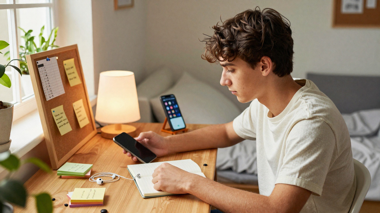 Junger Mann sitzt an Schreibtisch, nutzt Smartphone und schreibt in Notizbuch bei Tageslicht.