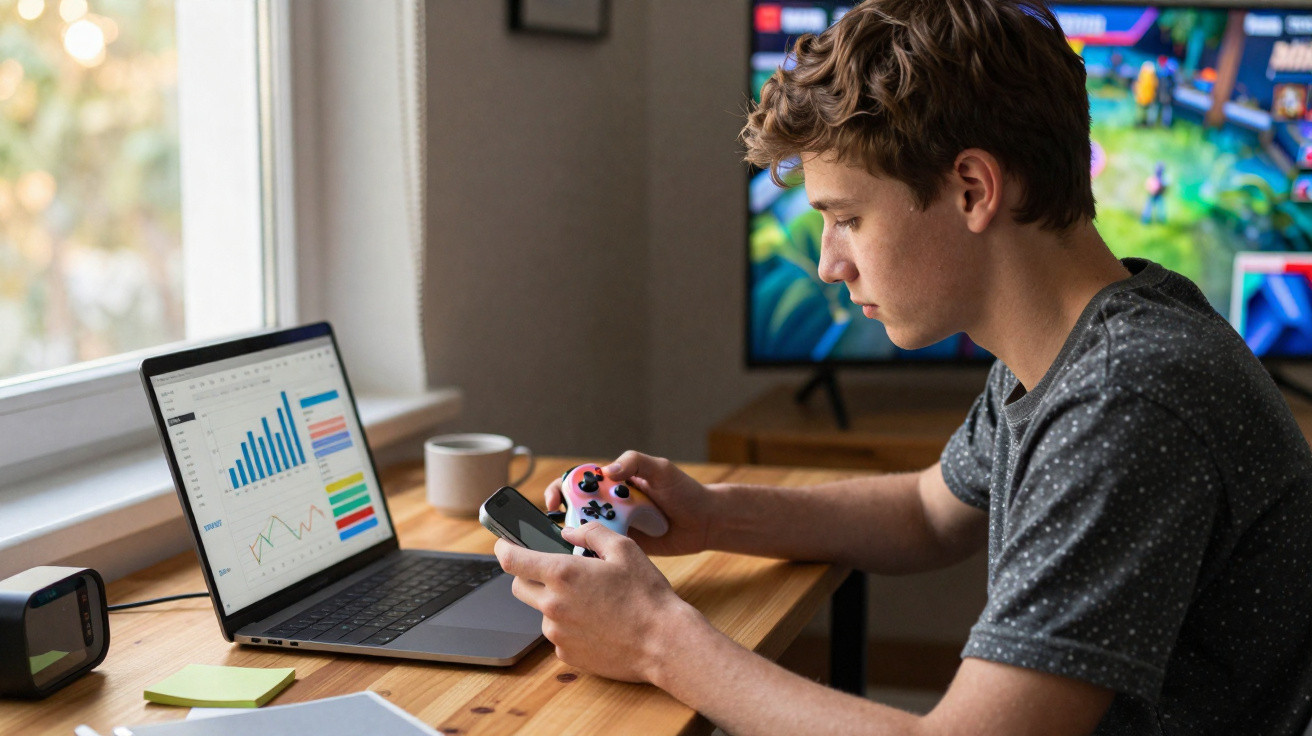 Teenager sitzt am Schreibtisch mit Laptop, hält Smartphone und Gaming-Controller, Fernseher im Hintergrund.