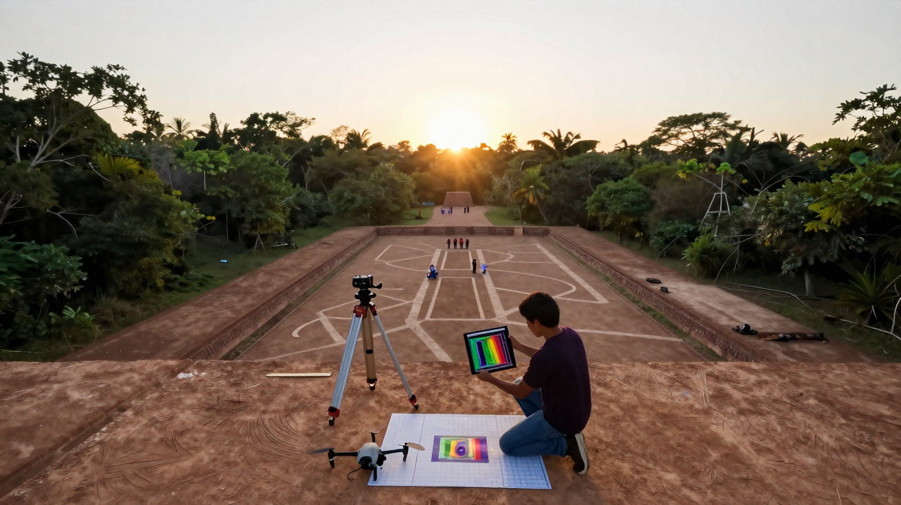 Person analysiert archäologische Bodenmuster mit Kamera und Monitor bei Sonnenuntergang im Dschungel.