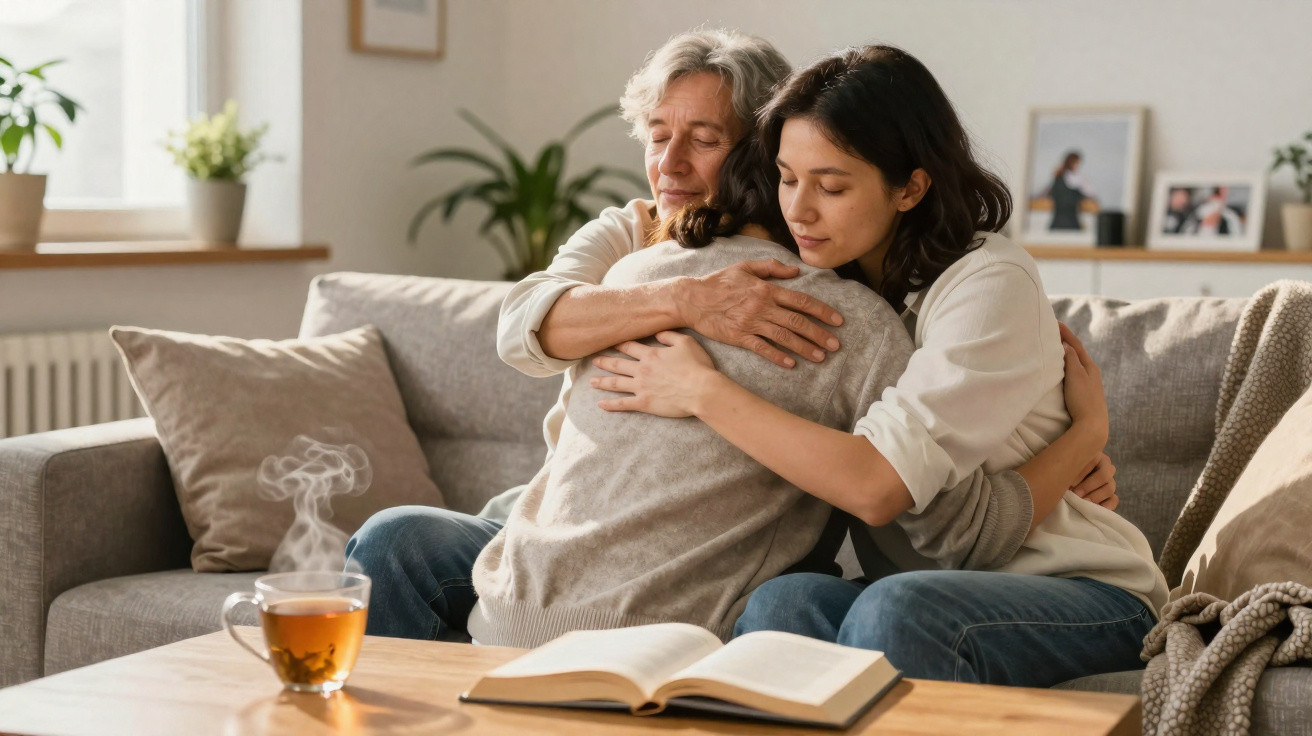 Zwei Frauen umarmen sich tröstend auf einem Sofa, vor ihnen steht eine Tasse Tee und ein aufgeschlagenes Buch.