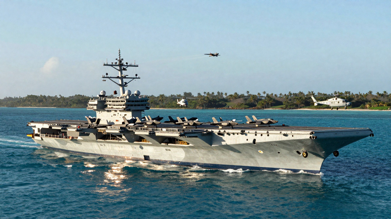 Flugzeugträger mit mehreren Kampfflugzeugen auf dem Deck und Helikopter im Flug über dem Meer.