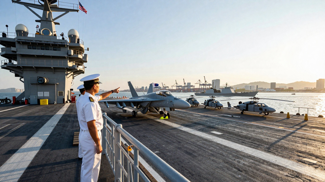 Zwei Marineoffiziere auf Flugzeugträger mit Kampfjets und Hubschraubern bei Sonnenuntergang am Hafen.