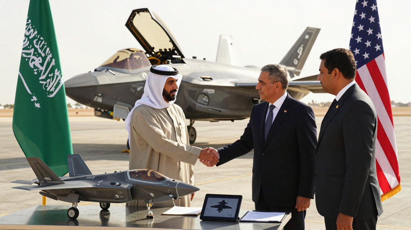 Drei Männer, darunter ein arabisch gekleideter, schütteln Hände vor Modell und Jet-Kampfmaschine mit saudi-arabischer und US-