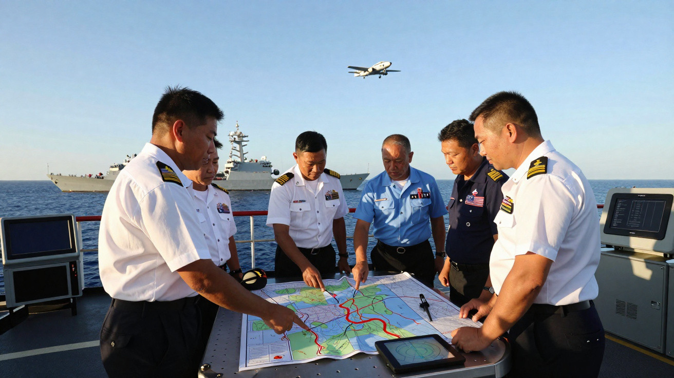 Sechs Marineoffiziere analysieren eine Karte auf einem Schiff, im Hintergrund Flugzeug und Kriegsschiff.