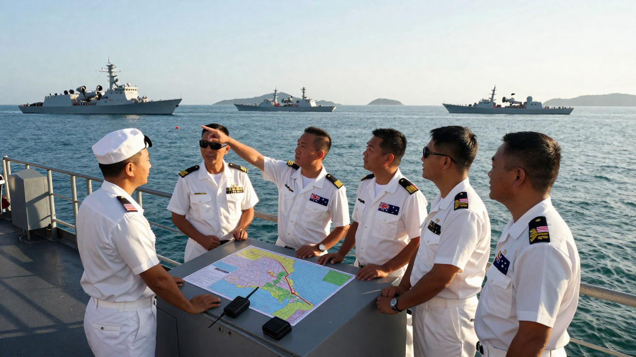 Fünf Marineoffiziere besprechen Karten an Deck eines Schiffes mit mehreren Kriegsschiffen im Hintergrund.