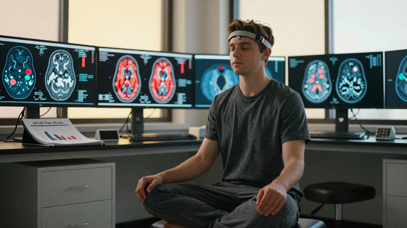 Junger Mann meditiert mit EEG-Halstuch vor Monitoren mit Gehirn-Scans in einem Labor.