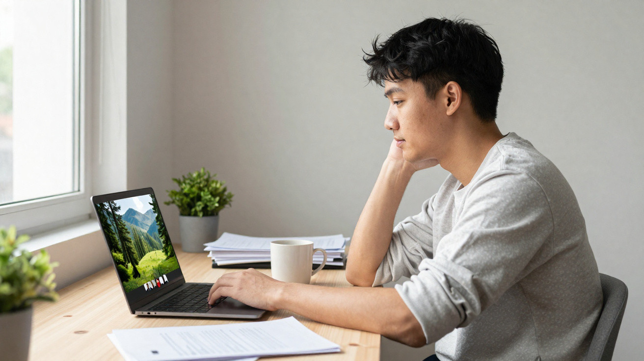 Junger Mann sitzt am Schreibtisch und schaut konzentriert auf den Laptop mit Landschaftsbild.