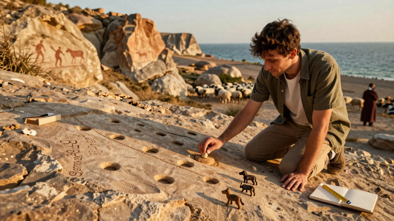 Mann spielt ein Strategiespiel mit Spielfiguren auf einem Steinplateau am Meer bei Sonnenuntergang.