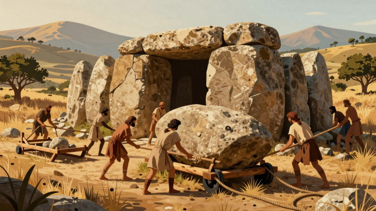 Steinzeitmenschen bewegen großen Felsblock vor prähistorischem Steintempel in trockener, hügeliger Landschaft.