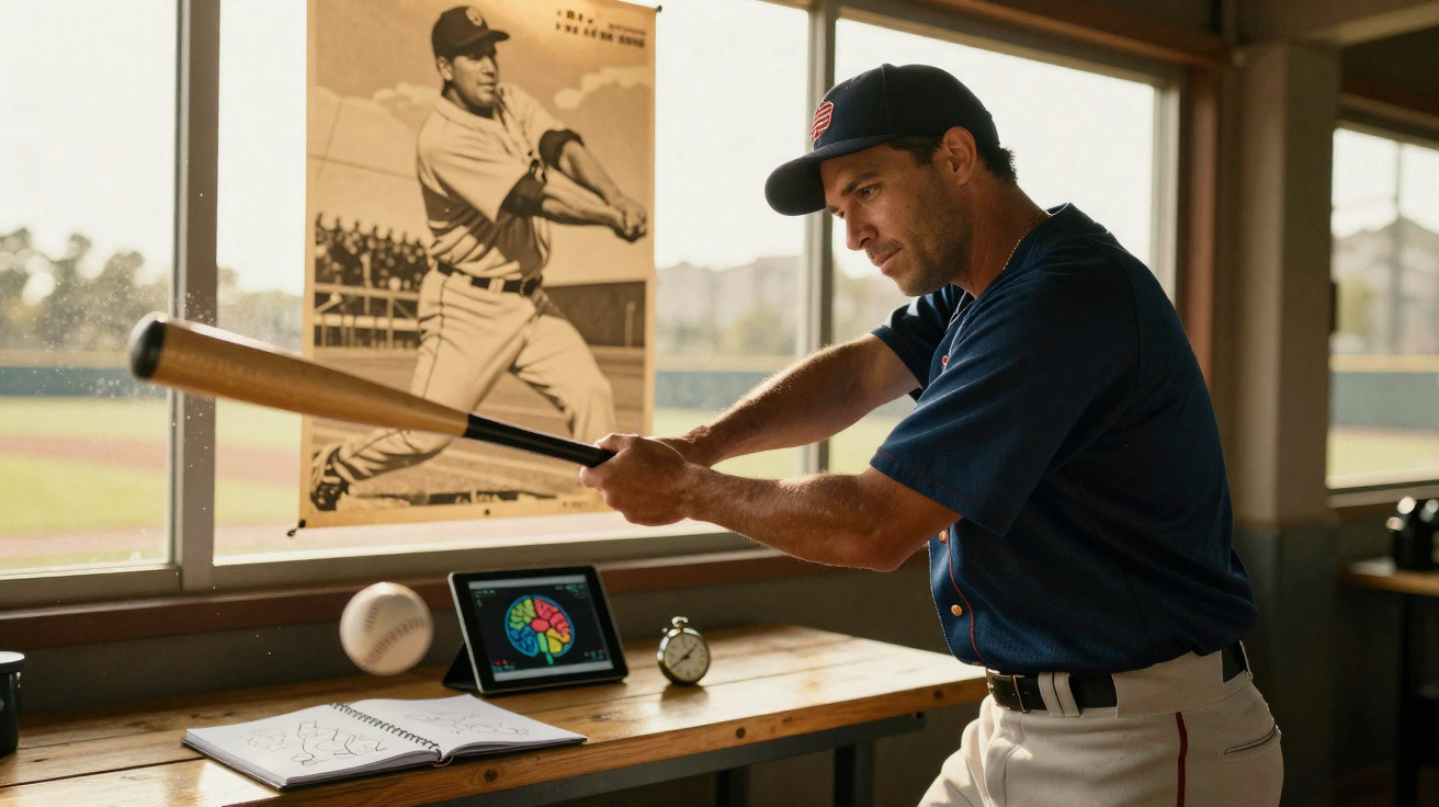 Baseballspieler trainiert Schwungtechnik mit Schläger und Ball vor Fenster mit historischem Baseballposter.