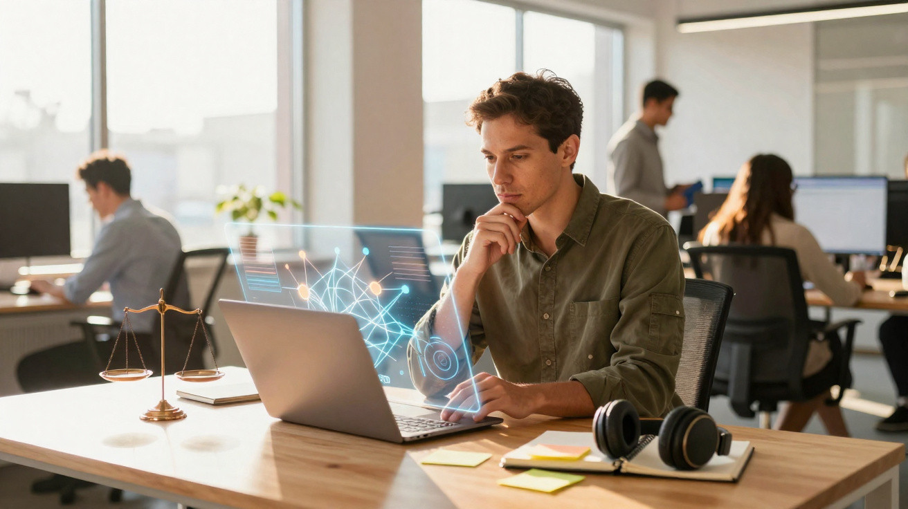 Junger Mann analysiert digitale Daten auf Laptop in modernem Büro mit Kollegen im Hintergrund.