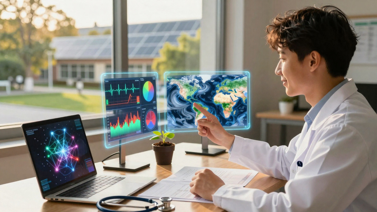 Wissenschaftler im Labor analysiert digitale Umwelt- und Herzfrequenzdaten an workstation mit holografischen Displays.