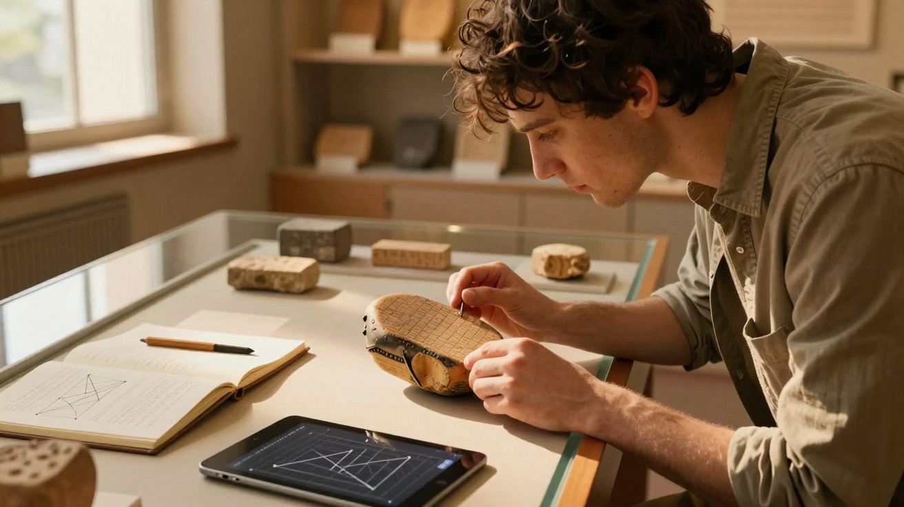 Junger Mann untersucht alte Tonplatte mit Keilschrift in einem Museum bei Tageslicht.