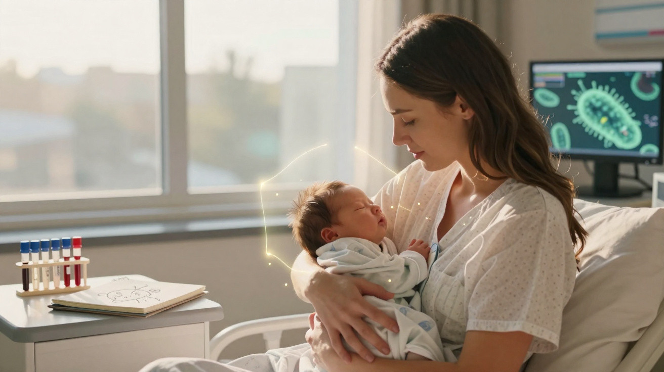 Mutter hält Neugeborenes im Krankenhauszimmer, medizinische Geräte und Blutproben im Hintergrund sichtbar.