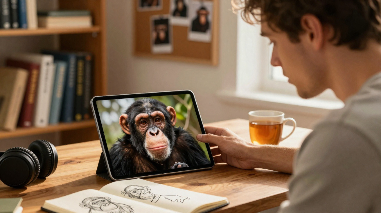 Mann betrachtet auf Tablet ein Bild eines Schimpansen, neben Skizzenbuch mit Affenzeichnungen und Teetasse.