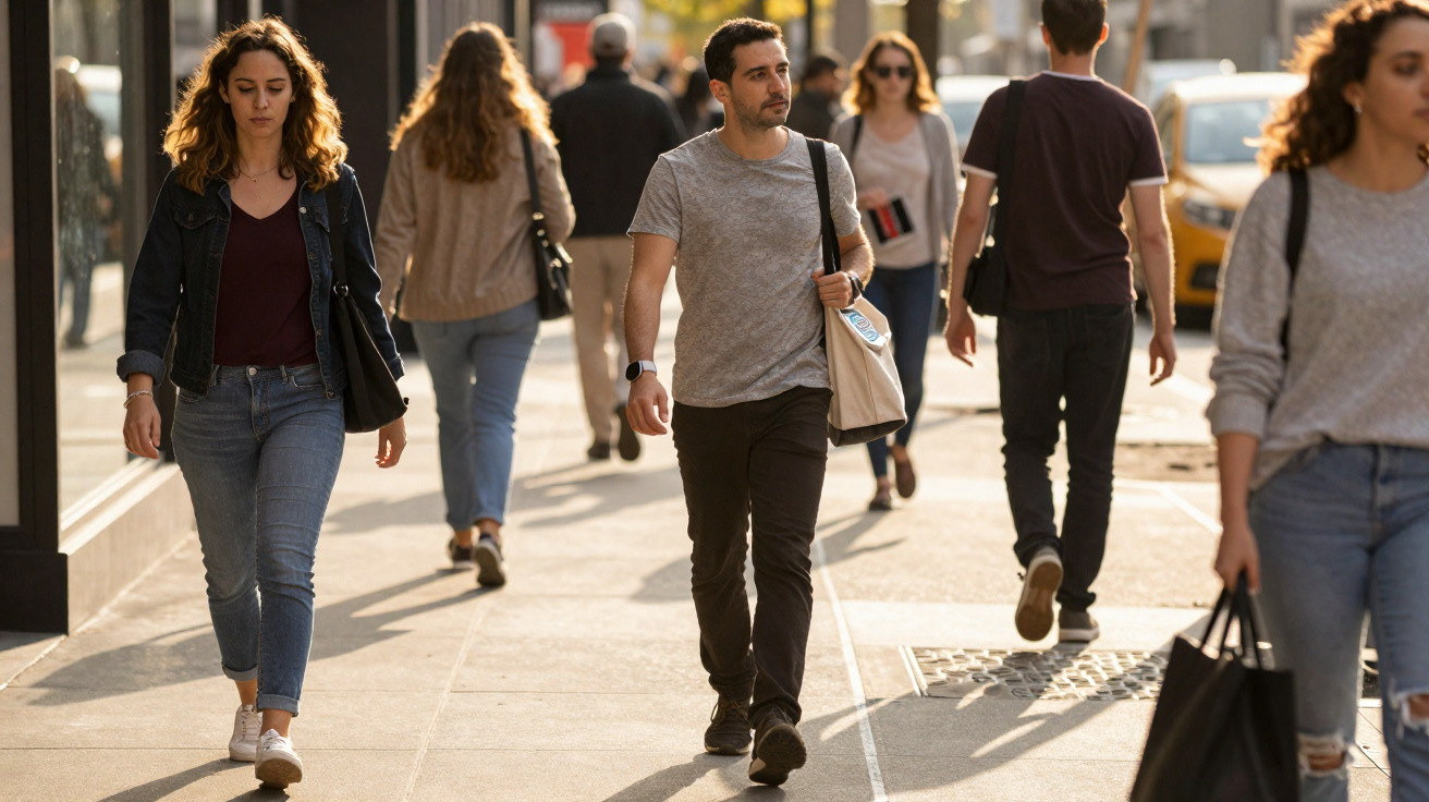 Menschen unterschiedlichen Alters laufen bei Sonnenlicht auf einem Gehweg in der Stadt entlang.