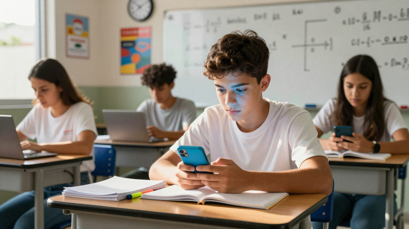 Schüler im Klassenzimmer, konzentriert auf Smartphones und Laptops, mit Büchern und Schreibmaterial am Tisch.