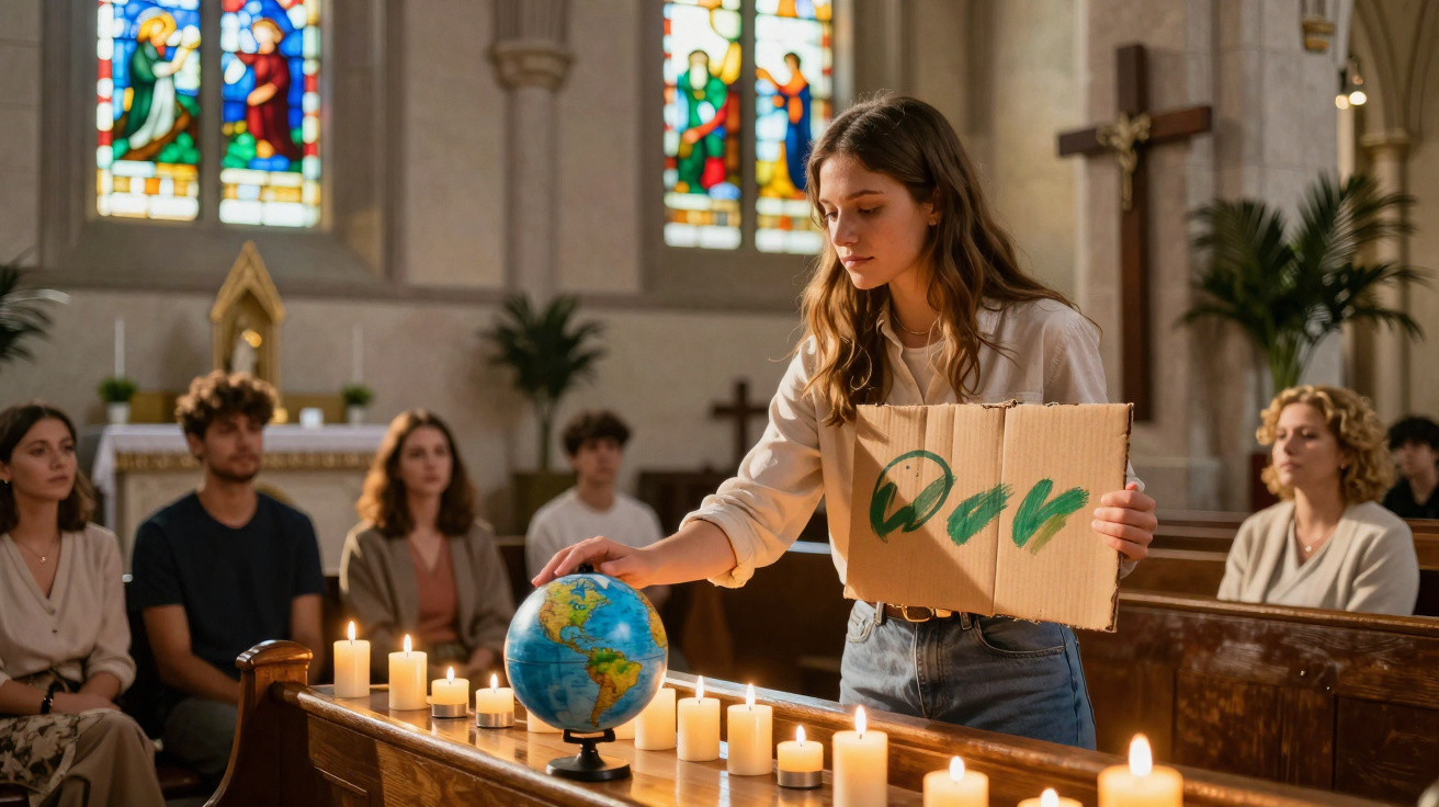 Junge Frau legt Globus in Kirche ab, hält Schild mit Aufschrift „OOR“, umgeben von Kerzen und Zuhörern.