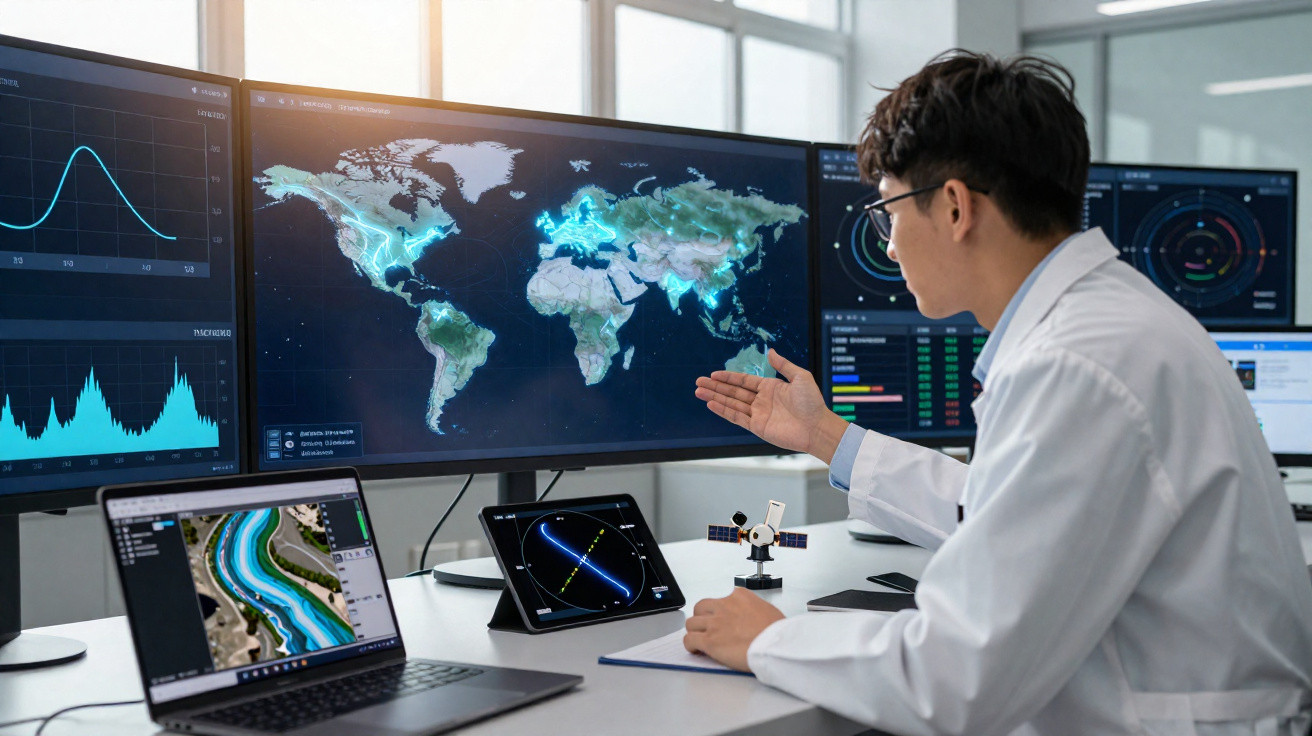 Wissenschaftler analysiert digitale Weltkarte und Daten auf mehreren Bildschirmen in modernem Labor.