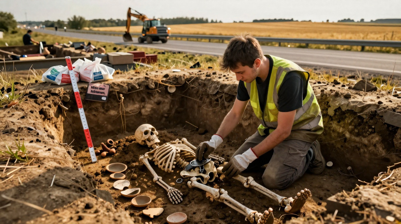 Archäologe untersucht menschliches Skelett mit Keramiken bei Ausgrabung an einer Straße im Freien.