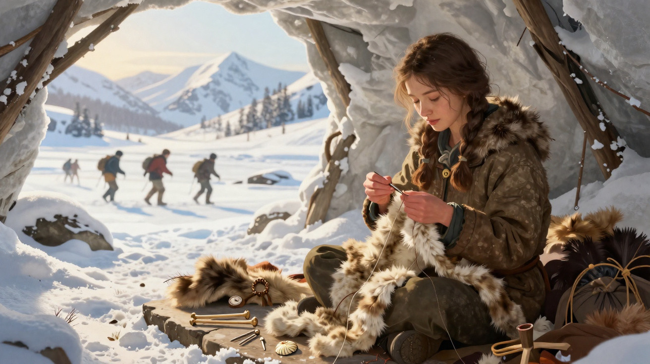 Frau in Fellkleidung näht im verschneiten Lager, Wanderer laufen im Hintergrund durch die Winterlandschaft.