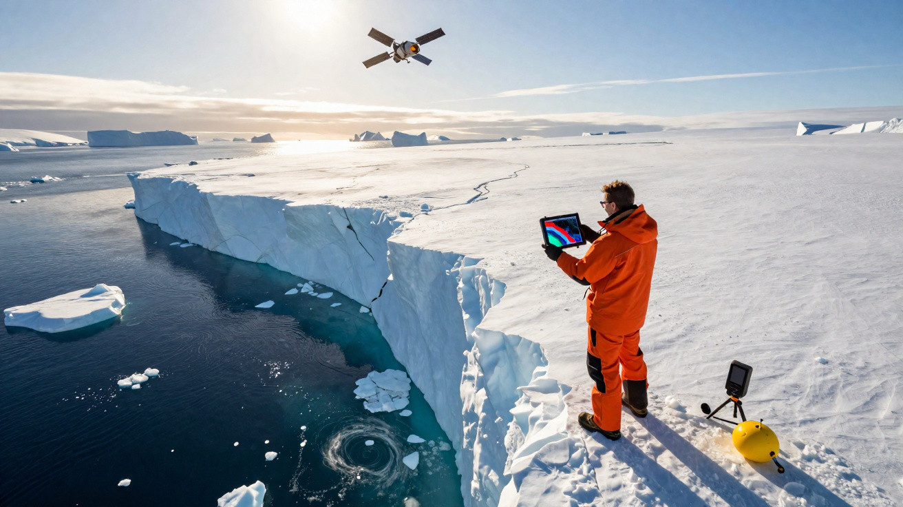 Forscher in oranger Schutzkleidung nutzt Tablet am Rand eines Gletschers mit Satellit über Eislandschaft.