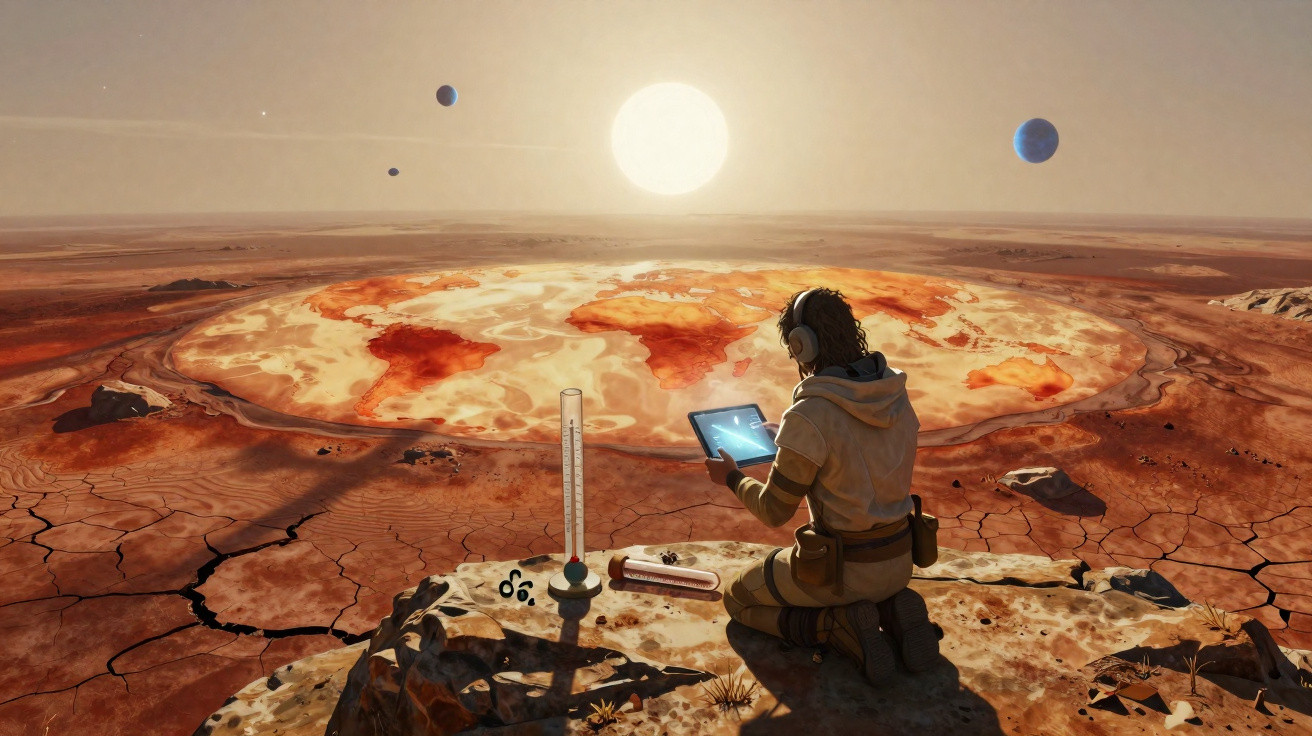 Person in Raumanzug auf rotem Planeten mit Tablet, umgeben von Messinstrumenten und fremden Planeten am Himmel.