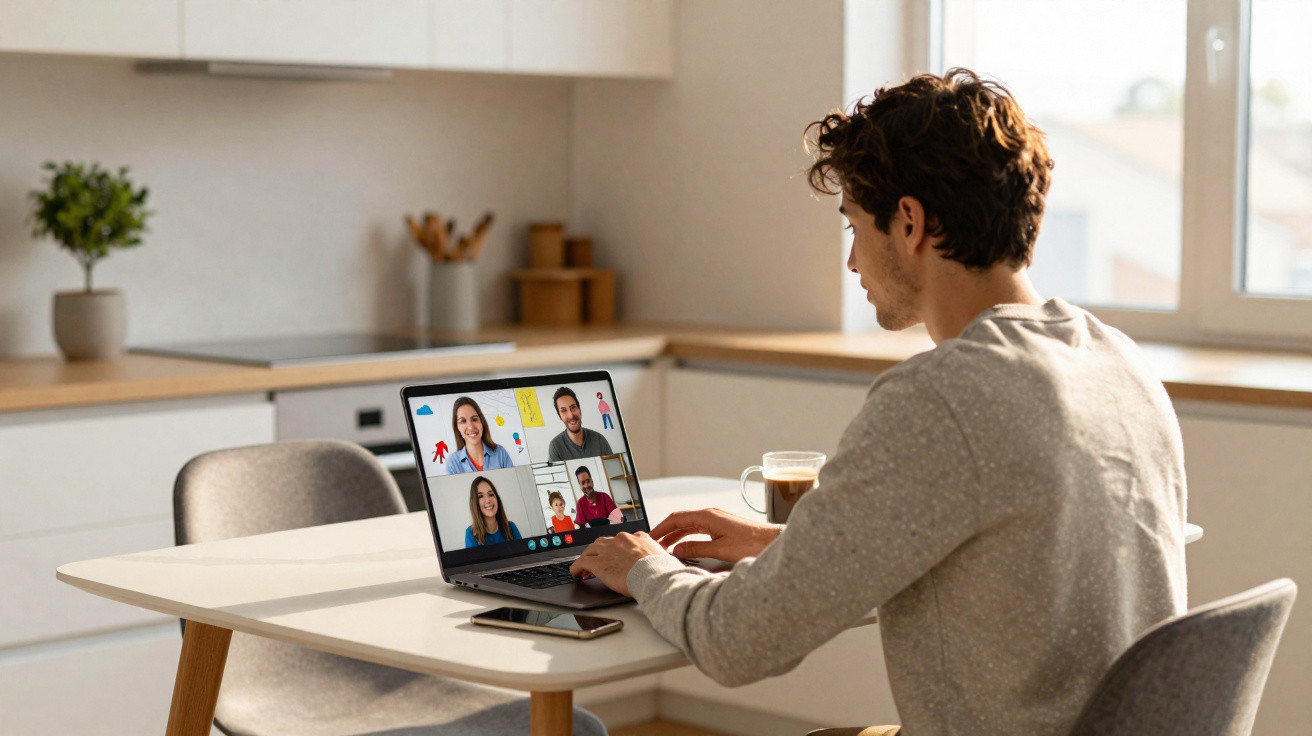 Junger Mann sitzt zu Hause am Tisch und nimmt an einer Videoanruf-Konferenz auf dem Laptop teil.