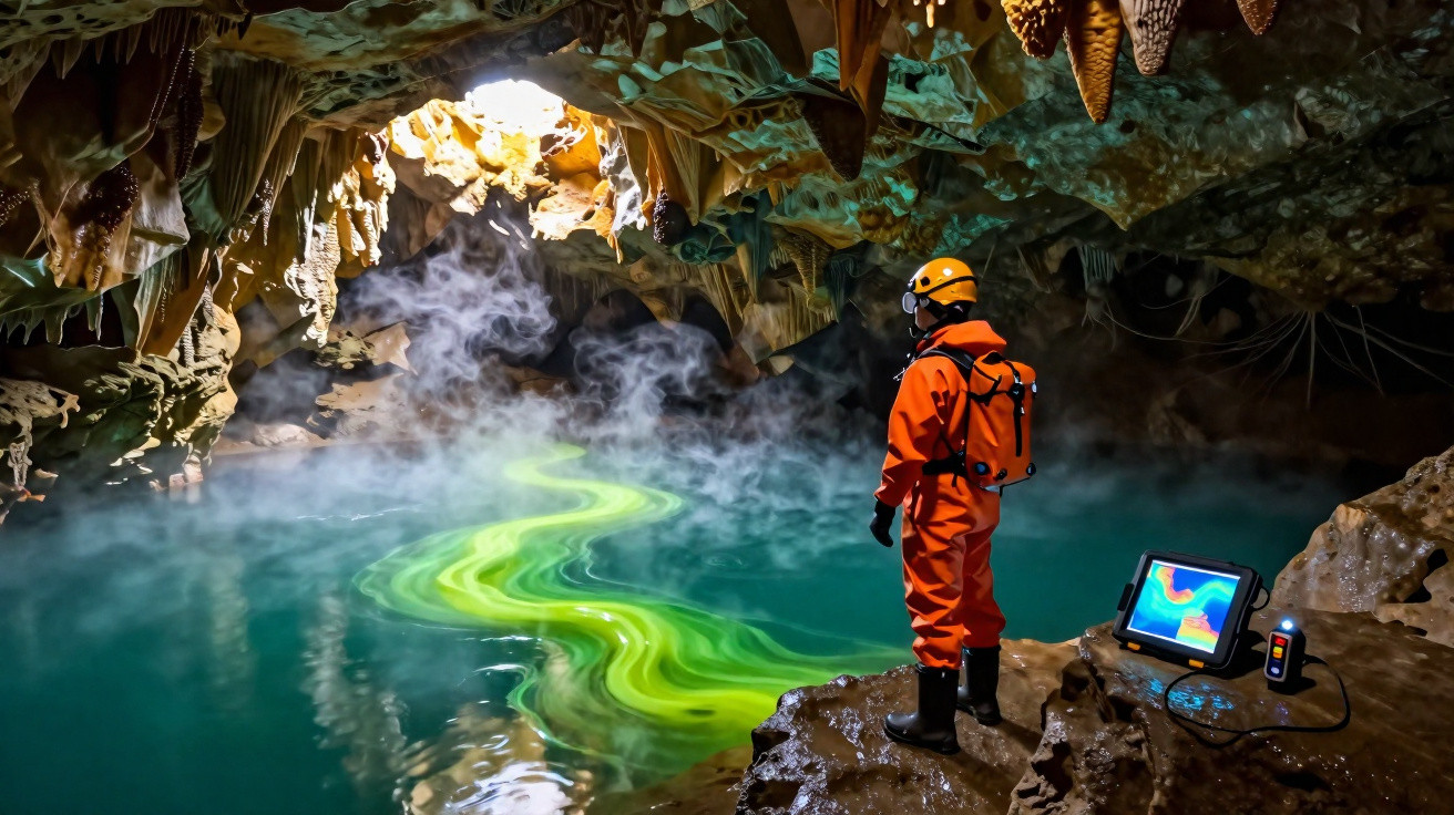 Höhlenforscher in oranger Schutzkleidung untersucht unterirdischen See mit grüner Fluoreszenz und technischer Ausrüstung.