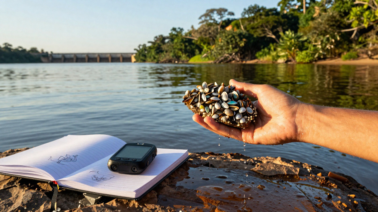 Hand hält Schnecken über Wasser, im Vordergrund Notizbuch und Gerät, Fluss und Damm im Hintergrund, sonnig