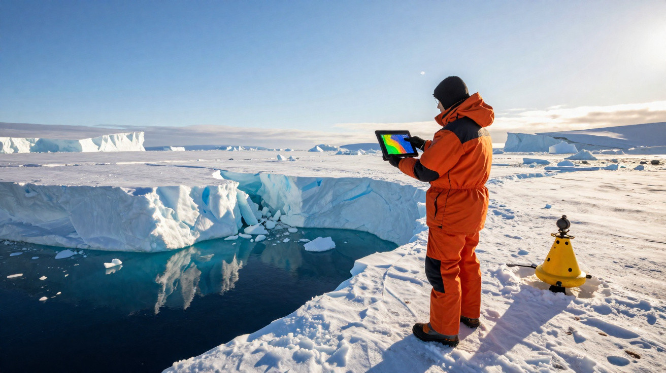 Person in oranger Winterkleidung analysiert mit Tablet Eisfeld und Spalte in Polarregion.