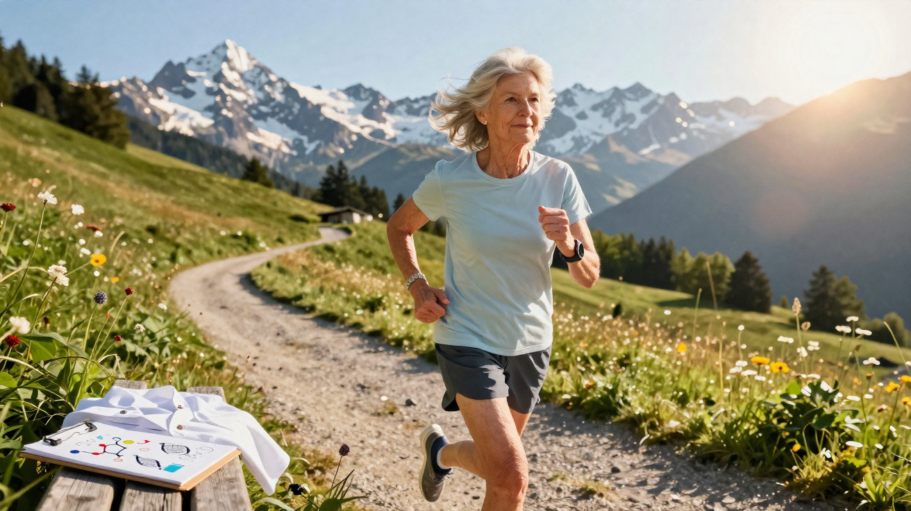 Ältere Frau joggt auf einem Bergweg mit blühenden Wiesen und schneebedeckten Bergen im Hintergrund.