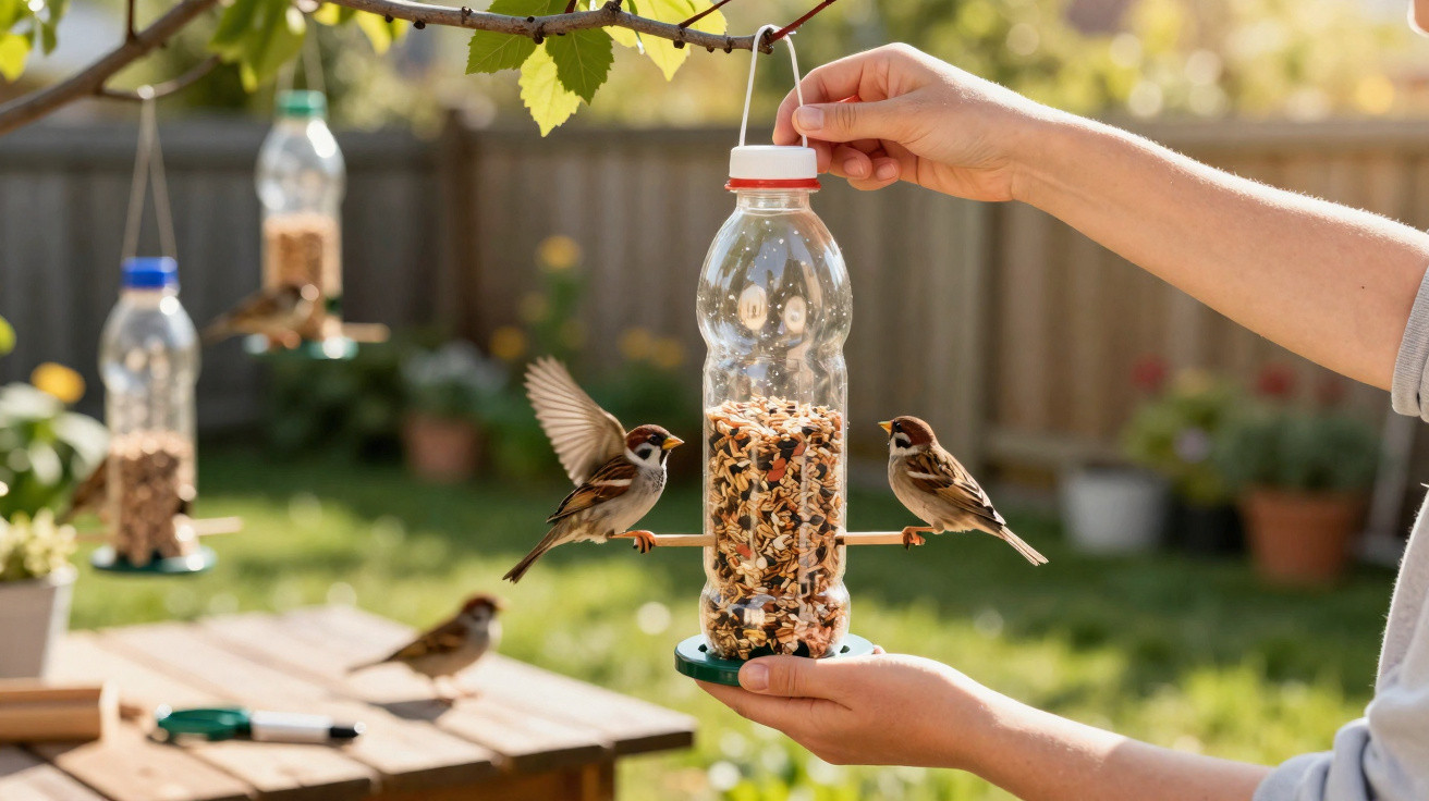 Person hängt selbstgemachten Vogelfutterspender aus Flasche mit Saatgut an Baum im Garten auf.
