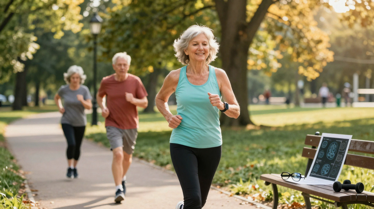 Ältere Menschen joggen im Park an einem sonnigen Tag, eine Bank mit Gehirn-Scans und Hanteln steht am Wegesrand.