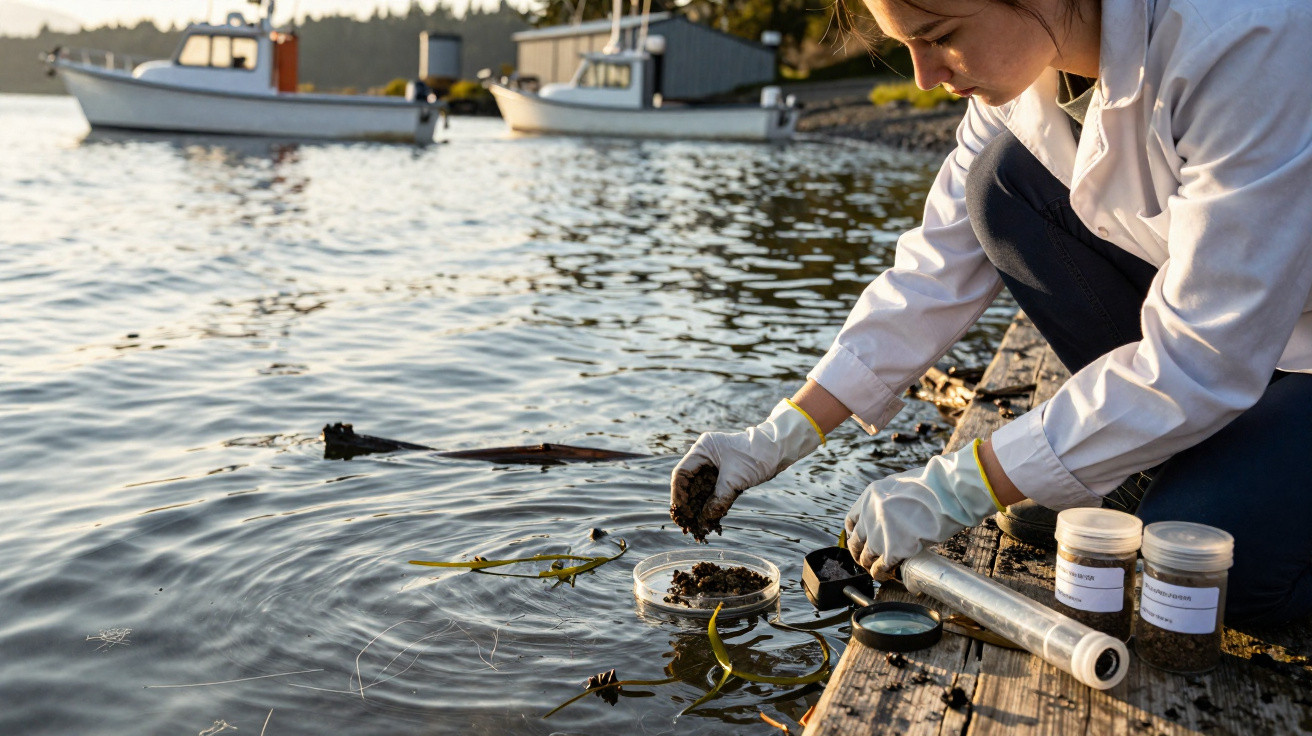 Wissenschaftlerin entnimmt Wasserproben mit Handschuhen am Ufer eines Sees mit Booten im Hintergrund.