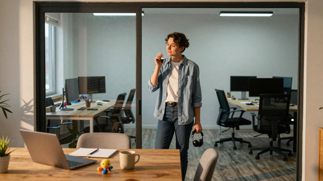 Frau mit Kopfhörern in der Hand telefoniert in modernem Büro mit Schreibtischen und Computern im Hintergrund.