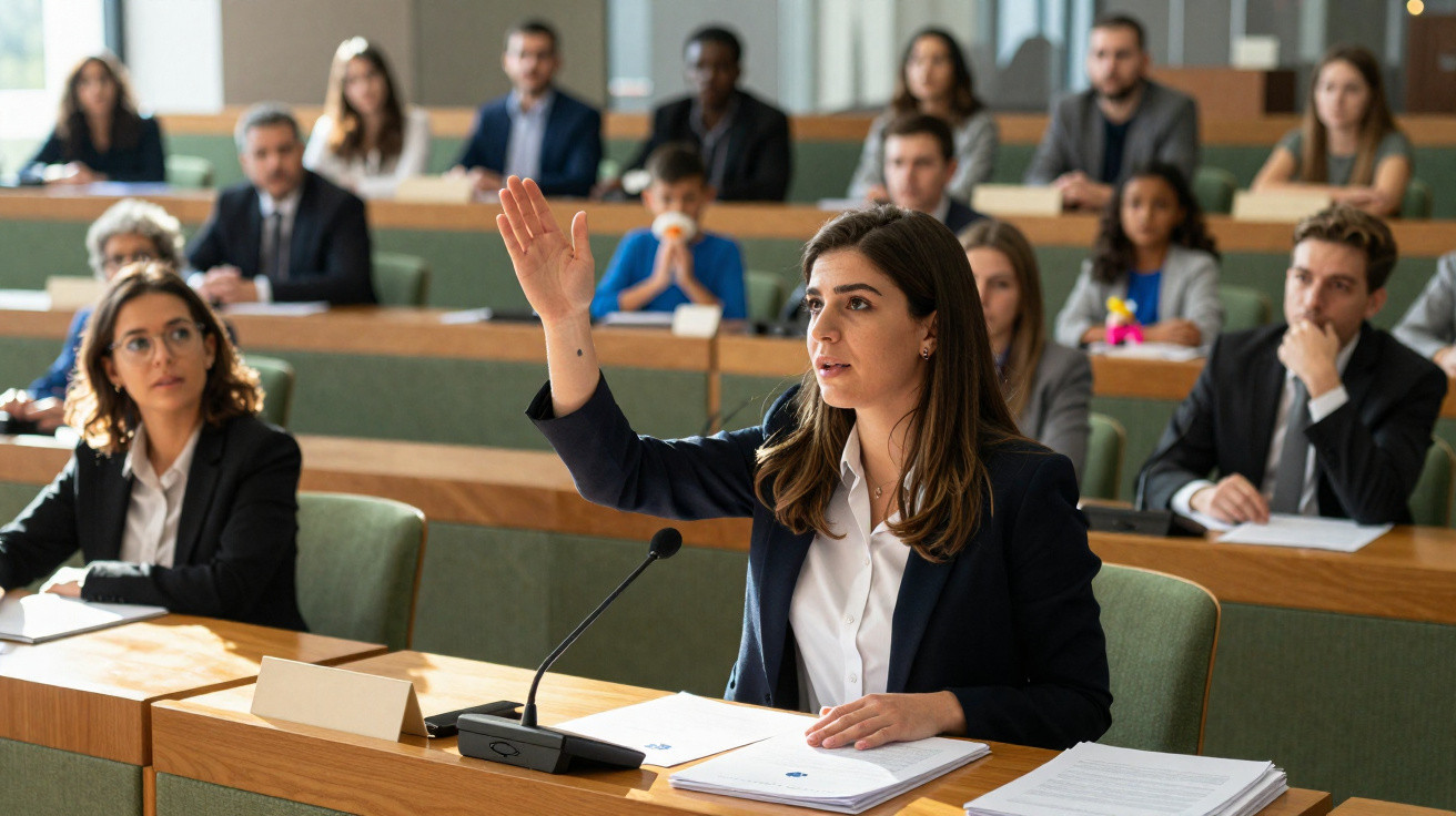 Frau hebt im Sitzungssaal die Hand, während weitere Menschen aufmerksam an Konferenztisch sitzen.