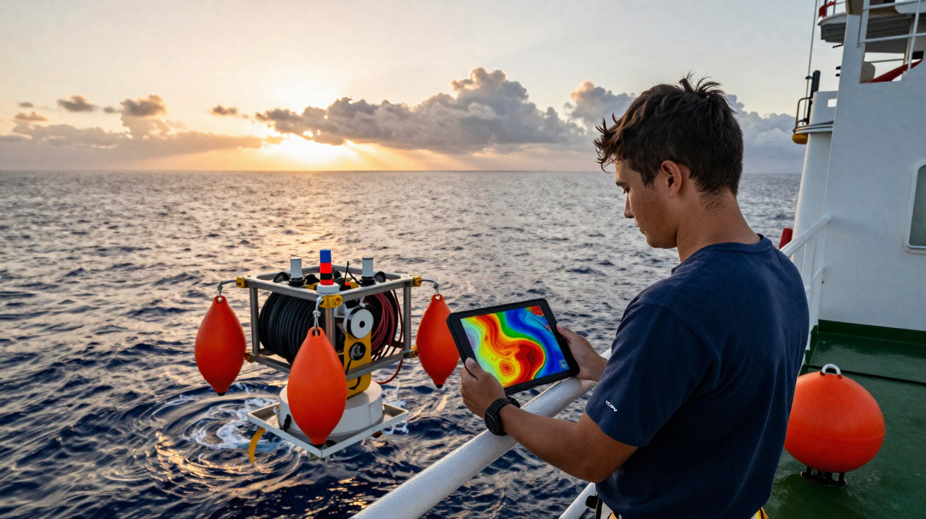 Person an Bord eines Schiffs kontrolliert Gerät im Meer bei Sonnenuntergang mit Tablet und farbiger Anzeige.
