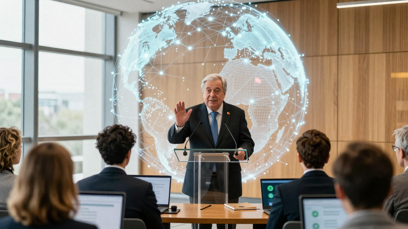 Älterer Mann hält Vortrag vor Publikum, im Hintergrund leuchtende digitale Weltkugel mit Netzverbindungen.