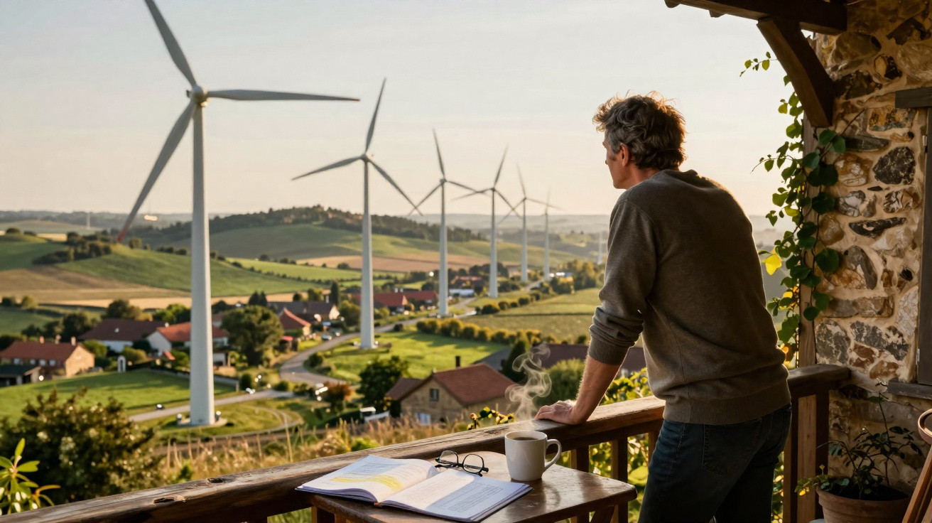 Mann steht auf Veranda und blickt auf Windräder über grüner Landschaft bei Sonnenuntergang.