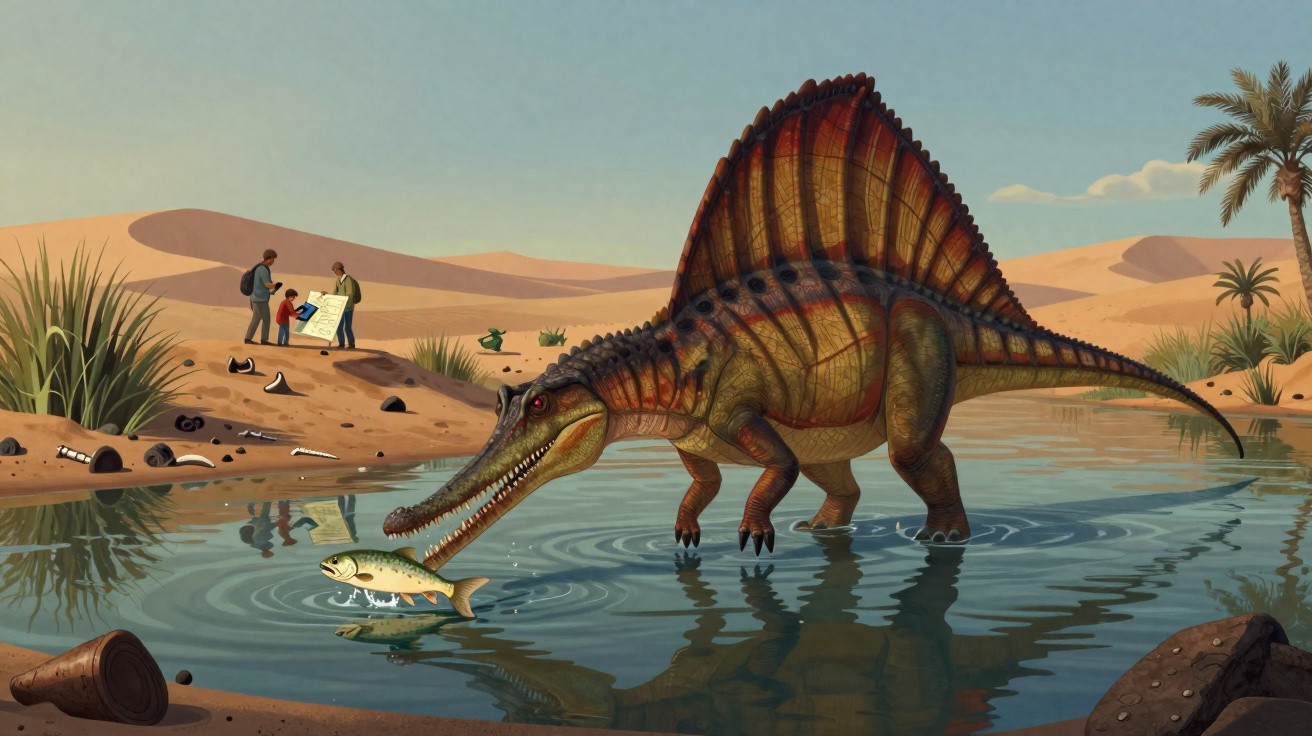 Ein Spinosaurus fischt in einem Wasserloch, während Menschen im Wüstenhintergrund Fossilien untersuchen.