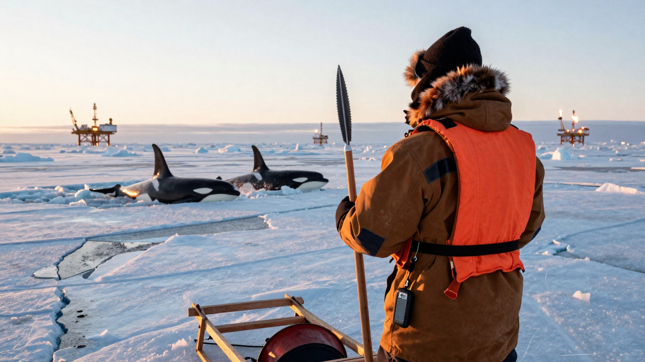 Person in Winterkleidung mit Speer auf Eisfläche beobachtet zwei Orcas nahe Ölplattformen bei Sonnenuntergang.