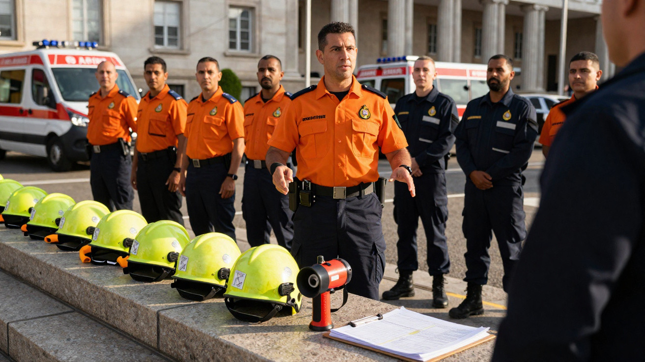 Feuerwehrleute in Uniform stehen in Reihe, vorne gelbe Helme und ein Megafon auf einem Tisch.