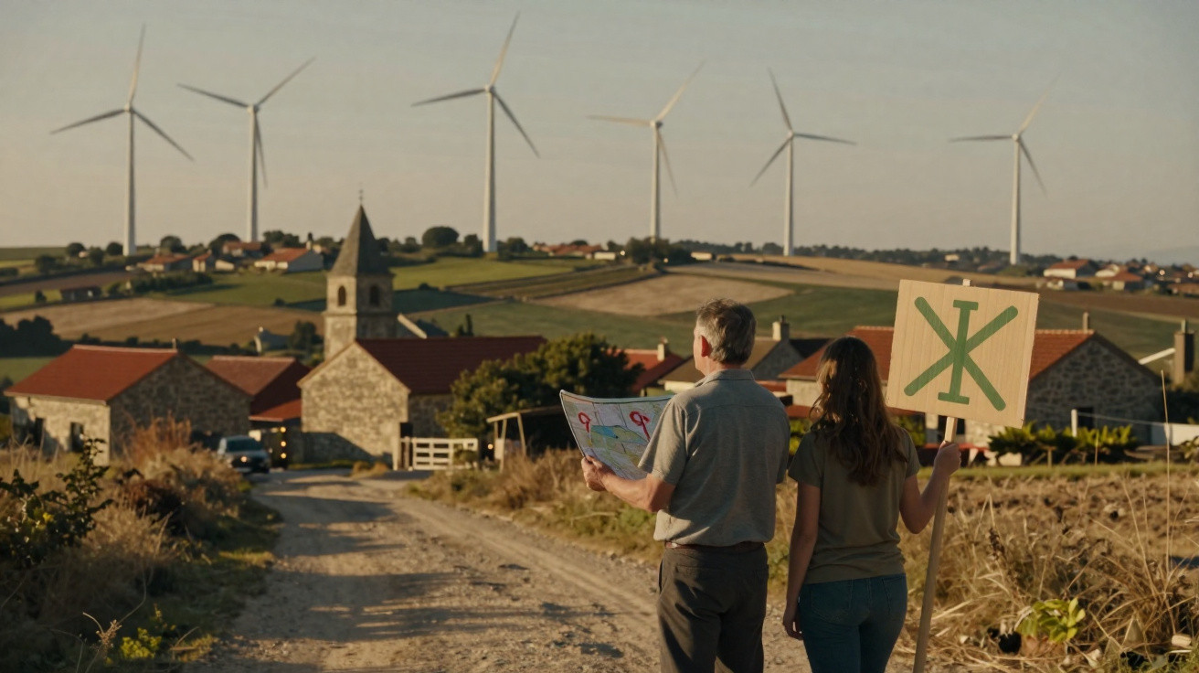 Zwei Menschen mit Protestplakat und Karte stehen auf Landweg, im Hintergrund Windräder, Felder und Dorf mit Kirche.