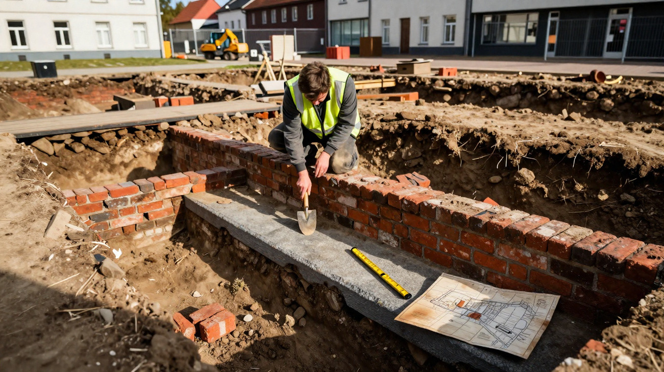 Archäologe untersucht Ausgrabungsstätte mit Ziegelmauer und Bauplan bei sonnigem Wetter.