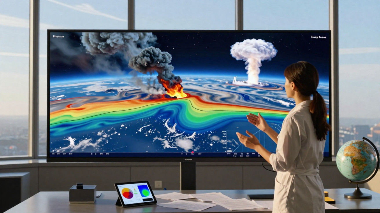 Frau analysiert bunte Klimasimulation auf großem Bildschirm in modernem Büro mit Weltglobus.