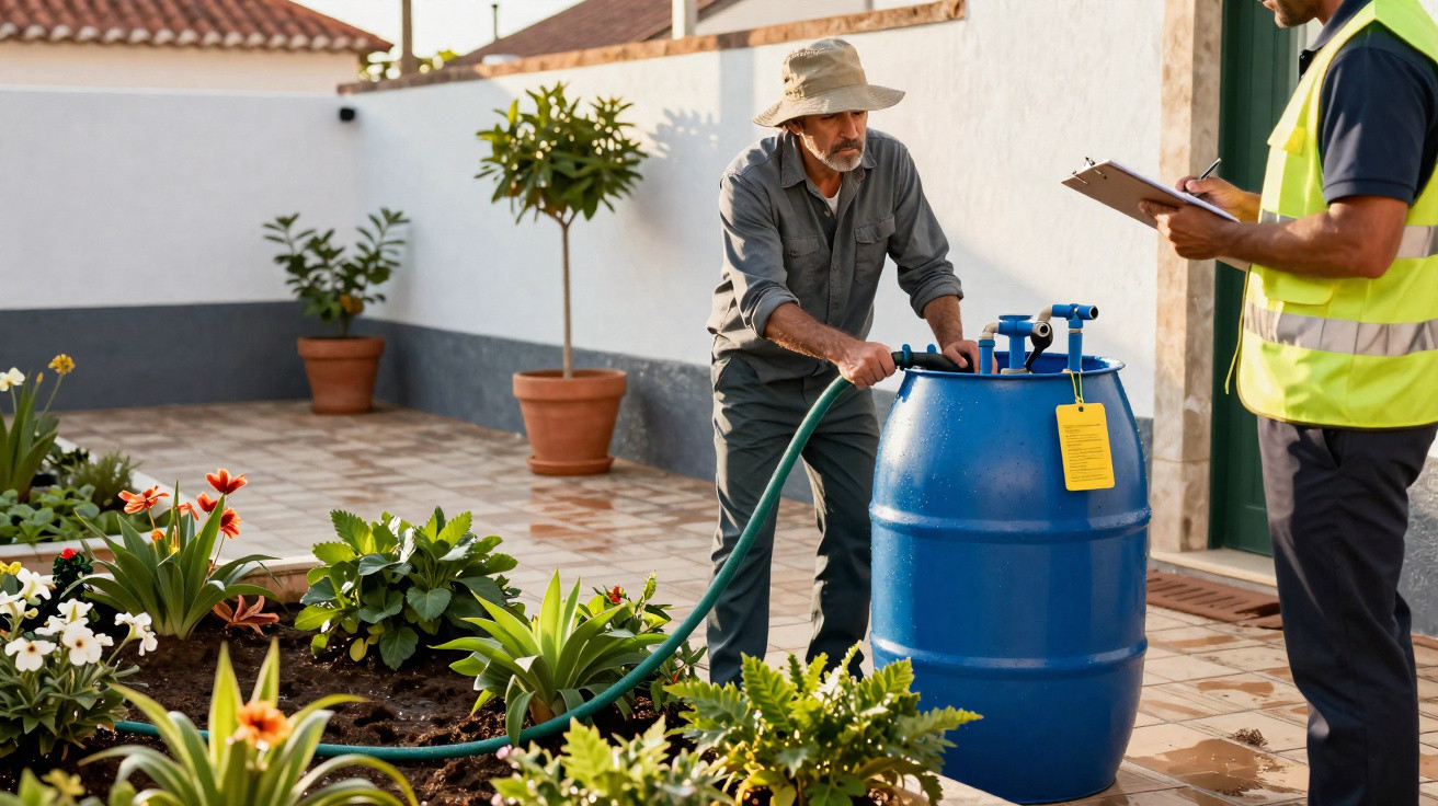 Älterer Mann gießt Pflanzen mit Gartenschlauch, während ein Arbeiter mit Warnweste Notizen macht.