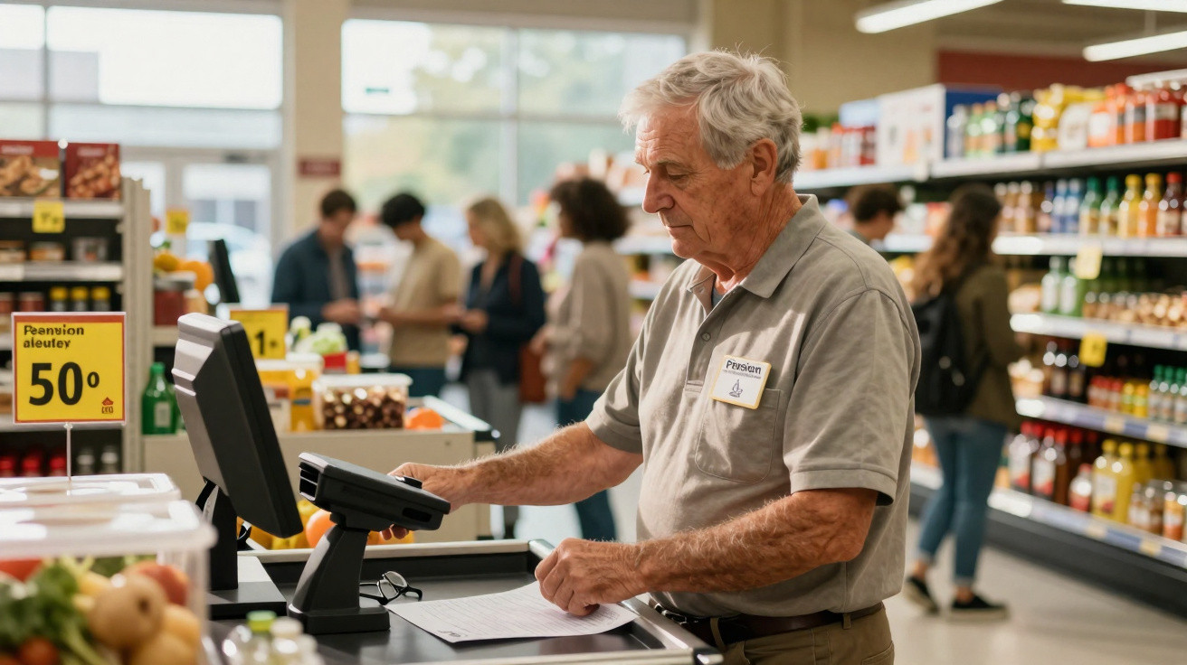 Älterer Mann mit Namensschild „Pension“ scannt Waren an der Supermarktkasse, Kunden im Hintergrund.