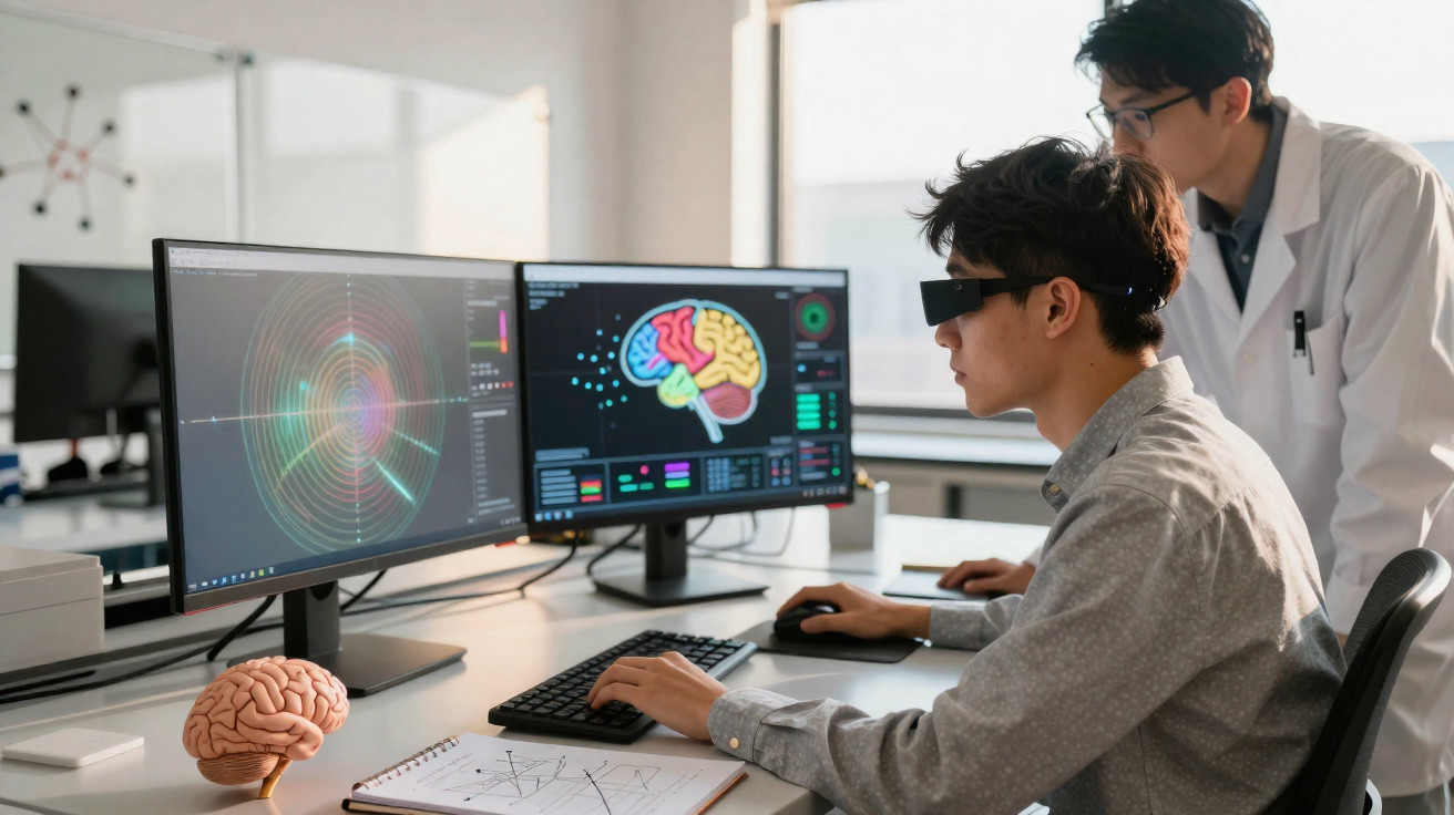 Zwei Forscher analysieren Hirnaktivität an Computern mit Gehirnmodellen und Diagrammen im Labor.